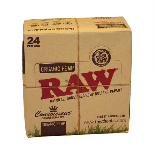 RAW Organic Hemp Connoisseur Kingsize Slim Rolling Papers + Tips - 24ct